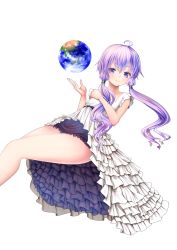 Rule 34 | 1girl, ahoge, as (27273212), bare arms, bare legs, belt, collarbone, dress, earth (ornament), floating, frilled dress, frills, globe, hair tubes, hand on own chest, kakan (amka), light smile, looking at viewer, low twintails, purple eyes, purple hair, short hair, short sleeves, solo, transparent background, twintails, vocaloid, voiceroid, white dress, yuzuki yukari