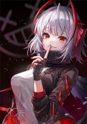 Rule 34 | 1girl, antennae, arknights, black jacket, black scarf, demon girl, demon horns, finger to mouth, fingerless gloves, gloves, grey hair, grey shirt, grin, hand up, highres, horns, jacket, kyusoukyu, looking at viewer, medium hair, open clothes, open jacket, red eyes, red jacket, red nails, scarf, shirt, shushing, smile, solo, two-sided fabric, two-sided jacket, upper body, w (arknights)