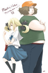 Rule 34 | 10s, 1boy, 1girl, 5pb., blonde hair, brown eyes, company connection, crossed arms, crossover, fat, fat man, food, get9, glasses, hashida itaru, hat, highres, koujiro frau, nitroplus, pleated skirt, pocky, robotics;notes, school uniform, serafuku, simple background, size difference, skirt, steins;gate, trait connection, twintails, white background