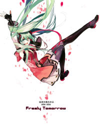 Rule 34 | 1girl, arm up, boots, detached sleeves, fingerless gloves, freely tomorrow (vocaloid), gloves, green eyes, green hair, hatsune miku, headset, leg up, long hair, matching hair/eyes, project diva (series), project diva f, skirt, solo, star voice (module), starshadowmagician, thigh boots, thighhighs, twintails, vocaloid