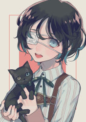 Rule 34 | 1boy, :d, animal, black cat, black hair, blue eyes, blue shirt, bow, bowtie, buttons, cat, collared shirt, eyepatch, green bow, green ribbon, hair between eyes, hands up, highres, holding, holding animal, holding cat, kirudai, looking at viewer, male focus, multicolored hair, neck ribbon, open mouth, original, ribbon, round teeth, shirt, short hair, smile, solo, streaked hair, striped clothes, striped shirt, teeth, vertical-striped clothes, vertical-striped shirt, wing collar