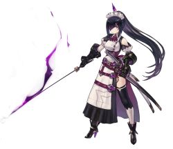 Rule 34 | 1girl, black footwear, black hair, black thighhighs, closed mouth, clothing cutout, gauntlets, gem, glowing, glowing sword, glowing weapon, greentanuki, high heels, highres, holding, holding sheath, holding sword, holding weapon, katana, long hair, maid headdress, original, ponytail, puffy sleeves, purple eyes, red pupils, scabbard, sheath, sheathed, shoulder cutout, simple background, solo, standing, sword, thighhighs, unsheathed, weapon, white background