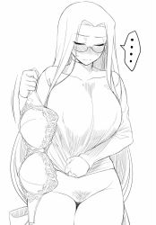 Rule 34 | ..., 1girl, adjusting clothes, blush, bottomless, bra, unworn bra, breasts, closed eyes, collarbone, cowboy shot, embarrassed, fate/stay night, fate (series), female pubic hair, glasses, greyscale, hair tie, large breasts, long hair, low-tied long hair, medusa (fate), medusa (rider) (fate), monochrome, motion lines, namidame, pubic hair, pulling, solo, speech bubble, sweat, sweater, turtleneck, turtleneck sweater, underwear, very long hair