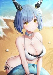 Rule 34 | + +, 1girl, azur lane, beach, bikini, blue hair, blue innertube, breasts, choker, cleavage, cross, cross necklace, frilled choker, frills, from above, gascogne (azur lane), gascogne (tropical environs acclimation service equipment) (azur lane), headgear, highres, holding, holding swim ring, innertube, jewelry, large breasts, looking at viewer, looking up, mismatched bikini, multicolored hair, nagura shiro, necklace, official alternate costume, seashell, shell, short hair, solo, streaked hair, swim ring, swimsuit, two-tone hair, water, white bikini, yellow eyes