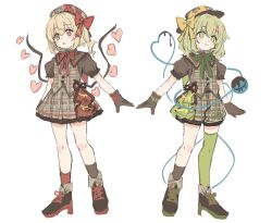 Rule 34 | 2girls, :3, asymmetrical legwear, beret, blonde hair, bow, brown dress, brown footwear, brown gloves, brown headwear, brown shirt, brown shorts, brown skirt, brown socks, collared shirt, commentary request, dress, eyeball, flandre scarlet, frilled sleeves, frills, gloves, green eyes, green hair, green ribbon, green skirt, green thighhighs, hair bow, hat, hat bow, hat ribbon, heart, heart of string, highres, komeiji koishi, medium hair, mismatched legwear, multiple girls, neck ribbon, open mouth, paragasu (parags112), plaid, plaid dress, plaid shorts, plaid skirt, puffy short sleeves, puffy sleeves, red bow, red eyes, red ribbon, red skirt, red socks, ribbon, shirt, shoes, short sleeves, shorts, side ponytail, sketch, skirt, skirt set, socks, standing, thighhighs, third eye, touhou, uneven legwear, white background, wings, yellow bow, yellow ribbon