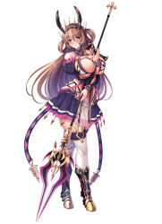 Rule 34 | 1girl, armor, asymmetrical armor, backless outfit, bare shoulders, between breasts, bikini, blush, boots, breasts, breasts squeezed together, brown hair, commentary, commentary request, detached sleeves, frown, full body, greaves, hair between eyes, hair rings, hairband, highres, holding, holding staff, horns, huge breasts, jewelry, knee boots, kyonyuu fantasy, kyonyuu fantasy burst x, long hair, mage staff, micro bikini, multicolored hair, nail polish, navel, official art, pauldrons, pink eyes, pleated skirt, puffy sleeves, sabaton, saijou satoru, see-through, see-through skirt, shoulder armor, showgirl skirt, single pauldron, skirt, solo, staff, streaked hair, swimsuit, teresia (kyonyuu fantasy burst), thighhighs, thong, thorns, undersized breast cup, very long hair, white background, white hair