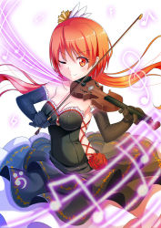 Rule 34 | 10s, 1girl, blush, boy30422, breasts, cleavage, dress, elbow gloves, gloves, highres, instrument, looking at viewer, nisekoi, one eye closed, red eyes, red hair, smile, solo, tachibana marika, violin