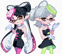 Rule 34 | 2girls, :/, bare shoulders, black dress, black hair, black jumpsuit, bow-shaped hair, breasts, callie (splatoon), cleavage, closed mouth, collar, commentary request, cowboy shot, detached collar, dress, earrings, gloves, gradient hair, green pantyhose, grey hair, hand up, hoop earrings, inkling, jewelry, jumpsuit, korean commentary, lipstick, lya (ctrc5838), makeup, marie (splatoon), medium hair, mole, mole under eye, multicolored hair, multiple girls, nintendo, orange eyes, orange pupils, pantyhose, pink hair, pink lips, pink pantyhose, small breasts, smile, splatoon (series), standing, star-shaped pupils, star (symbol), strapless, strapless dress, suction cups, symbol-shaped pupils, tentacle hair, twintails, two-tone hair, white background, white collar, white gloves
