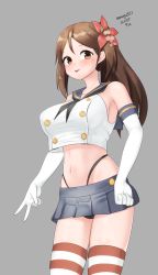 Rule 34 | 1girl, absurdres, amagi (kancolle), black neckerchief, black panties, blue sailor collar, blue skirt, breasts, brown hair, cosplay, cowboy shot, crop top, elbow gloves, gloves, grey background, high ponytail, highleg, highleg panties, highres, kantai collection, large breasts, long hair, looking at viewer, maru (marg0613), microskirt, midriff, miniskirt, neckerchief, one-hour drawing challenge, panties, sailor collar, shimakaze (kancolle), shimakaze (kancolle) (cosplay), sidelocks, simple background, skirt, solo, standing, striped clothes, striped thighhighs, thighhighs, tongue, tongue out, underwear, white gloves, wide ponytail