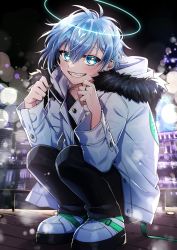 Rule 34 | 1boy, blue eyes, blue hair, city, city lights, cityscape, coat, commentary request, highres, ikurikaito, looking at viewer, male focus, night, original, outdoors, shoes, short hair, sneakers, squatting, teeth