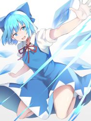 Rule 34 | 1girl, blue bow, blue dress, blue eyes, blue hair, bow, cirno, collared shirt, dress, hair bow, highres, ice, ice wings, nagomian, neck ribbon, pinafore dress, puffy short sleeves, puffy sleeves, red ribbon, ribbon, shirt, shoes, short hair, short sleeves, simple background, sleeveless dress, socks, solo, thighs, touhou, white background, white shirt, white socks, wings