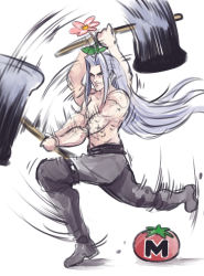 Rule 34 | 1boy, absurdres, black pants, damenano104, final fantasy, final fantasy vii, flower, flower on head, food, hammer, highres, holding, holding hammer, long hair, male focus, maxim tomato, motion blur, motion lines, nintendo, pants, sephiroth, topless male, silver hair, simple background, smile, solo, super smash bros., tomato, white background