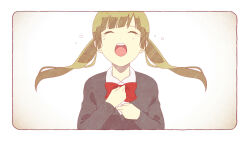 Rule 34 | 1girl, 1koma, blunt bangs, blunt ends, border, bow, bowtie, cardigan, closed eyes, collared shirt, comic, crying, facing viewer, floating hair, flying teardrops, grey cardigan, hands on own chest, hitsuji-llllll, kataomoi drops (vocaloid), long sleeves, low twintails, open mouth, red bow, red bowtie, school uniform, shirt, solo, tears, teeth, tongue, twintails, upper body, upper teeth only, vignetting, vocaloid, white background, white border, white shirt