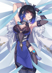 Rule 34 | 1girl, armpits, arms up, asymmetrical gloves, bare shoulders, black gloves, black hair, blue dress, blue eyes, blue hair, bracelet, breasts, brooch, cleavage, commentary, cowboy shot, dice, dress, elbow gloves, genshin impact, gloves, gradient hair, grin, highres, jewelry, large breasts, looking at viewer, mismatched gloves, multicolored hair, nairobi song, parted lips, short hair, sleeveless, sleeveless dress, smile, solo, standing, thighs, vision (genshin impact), white gloves, yelan (genshin impact)