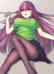 Rule 34 | 1girl, :o, alternate costume, black pantyhose, black skirt, breasts, breasts apart, commentary request, elfenlied22, fate/grand order, fate (series), green shirt, grey background, hair between eyes, hair ornament, highres, large breasts, long hair, lying, on back, pantyhose, purple hair, quick shirt, red eyes, scathach (fate), scathach skadi (fate), shirt, skirt, solo, t-shirt