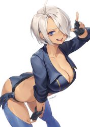 Rule 34 | 1girl, ahoge, angel (kof), ass, between legs, bikini, blue bikini, blue eyes, breasts, cleavage, dark-skinned female, dark skin, horns pose, grin, hair over one eye, hand between legs, hichi, highres, large breasts, looking at viewer, navel, short hair, signature, silver hair, smile, solo, swimsuit, tan, the king of fighters, thick thighs, thighs, toned, white background