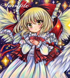 Rule 34 | 1girl, blonde hair, blue background, blush, bow, bowtie, cowboy shot, dress, embellished costume, feathered wings, frilled bow, frilled dress, frilled vest, frills, gengetsu (touhou), hair bow, long sleeves, looking at viewer, marker (medium), medium hair, own hands together, parted lips, red bow, red bowtie, red ribbon, red vest, ribbon, rui (sugar3), sample watermark, solo, sparkle, spread wings, standing, touhou, touhou (pc-98), traditional media, vest, watermark, white dress, white wings, wings, yellow eyes