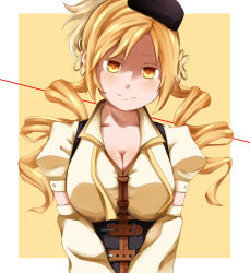 Rule 34 | 10s, 1girl, bad id, bad pixiv id, beret, blonde hair, breasts, breasts squeezed together, cleavage, corset, detached sleeves, drill hair, hair ornament, hat, highres, large breasts, magical girl, mahou shoujo madoka magica, mahou shoujo madoka magica (anime), mami mogu mogu, muttan (ashiru-f), shirt, solo, taut clothes, taut shirt, tomoe mami, tomoe mami (magical girl), yellow eyes