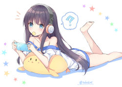 Rule 34 | 1girl, ?, azur lane, bare legs, barefoot, bird, blouse, blue eyes, blush, brown hair, chick, chips (food), food, food in mouth, hair between eyes, handheld game console, hands up, headphones, holding, holding handheld game console, long hair, long island (azur lane), long island (long island - indoor slacker) (azur lane), looking at viewer, lying, mouth hold, off-shoulder shirt, off shoulder, on stomach, potato chips, shirt, short sleeves, solo, spoken question mark, standing, star (symbol), stuffed animal, stuffed bird, stuffed toy, t@ke-g, twitter username, very long hair, white background, white shirt