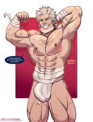 Rule 34 | 1boy, abs, absurdres, armpit stubble, bara, beard, biceps, bulge, cowboy shot, english text, erection, erection under clothes, facial hair, flexing, flexing pectorals, full beard, granblue fantasy, granblue fantasy versus, grin, hairy, highres, large pectorals, leg hair, looking at viewer, male focus, mature male, muscular, muscular male, nipples, pectorals, seductive smile, short hair, smile, solo, soriz, standing, thick beard, thick eyebrows, thick thighs, thighs, topless male, twitching penis, wererdraws