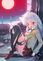Rule 34 | 1girl, bag, blush, breasts, destruction, full moon, hokuto (hokuto pk), large breasts, legs, long hair, moon, open mouth, original, outdoors, red eyes, red moon, shirt, shoes, sitting, skirt, solo, thighhighs, thighs, torn clothes, very long hair, white hair
