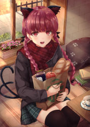 Rule 34 | 1girl, :d, alternate costume, animal ear fluff, animal ears, apple, bag, baguette, black bow, black thighhighs, blunt bangs, blush, book, book stack, bookmark, bow, braid, bread, brick floor, brick wall, brown jacket, cat ears, cat tail, commentary request, cup, extra ears, feet out of frame, fence, flower, flower pot, food, from above, fruit, green skirt, groceries, grocery bag, hair bow, highres, holding, holding bag, indoors, jacket, jar, kaenbyou rin, light rays, long hair, looking at viewer, multiple tails, nekomata, open mouth, paper bag, paw print, plaid, plaid scarf, plaid skirt, red eyes, red hair, red scarf, saucer, scarf, shopping bag, sitting, skirt, smile, solo, table, tail, teacup, teeth, thighhighs, torottye, touhou, twin braids, two tails, upper teeth only, window, winter clothes