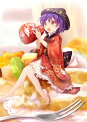 Rule 34 | 1girl, barefoot, blush, bowl, bowl hat, cake, cream, cream on face, eating, efe, food, food on face, fork, fruit, hat, japanese clothes, kimono, mini person, minigirl, open mouth, purple hair, red eyes, short hair, solo, strawberry, sukuna shinmyoumaru, touhou, whipped cream
