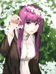 Rule 34 | 1girl, black robe, blunt bangs, breasts, dress, fern (sousou no frieren), green background, highres, large breasts, long hair, looking at viewer, pang (daty8882), purple eyes, purple hair, purple pupils, robe, solo, sousou no frieren, straight hair, tree, white dress