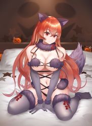 Rule 34 | 1girl, absurdres, aged up, animal ears, bare shoulders, between legs, breasts, cleavage, closed mouth, commentary request, cosplay, crossed bangs, elbow gloves, eris greyrat, fake animal ears, fake tail, fate/grand order, fate (series), full body, fur-trimmed gloves, fur-trimmed legwear, fur collar, fur trim, gloves, hair between eyes, halloween costume, hand between legs, highres, indoors, jack-o&#039;-lantern, large breasts, long hair, looking at viewer, mash kyrielight, mash kyrielight (dangerous beast), mash kyrielight (dangerous beast) (cosplay), mushoku tensei, navel, no ahoge, o-ring, o-ring top, official alternate costume, on bed, pillow, purple gloves, purple thighhighs, rausu (undeadmachine), red eyes, red hair, revealing clothes, sidelocks, sitting, solo, stomach, tail, thick eyebrows, thighhighs, underboob, very long hair, wariza, wolf ears, wolf tail