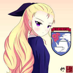 Rule 34 | 1girl, aikazilla, artist logo, artist name, assam (girls und panzer), black ribbon, blonde hair, blue sweater, closed mouth, commentary, dress shirt, emblem, from side, frown, girls und panzer, hair pulled back, hair ribbon, highres, long hair, long sleeves, looking at viewer, looking back, purple eyes, ribbon, school uniform, shirt, signature, solo, st. gloriana&#039;s (emblem), st. gloriana&#039;s school uniform, sweater, v-neck, white shirt, yellow background