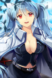 Rule 34 | 1girl, belt, blue hair, breasts, collarbone, dandel22, jacket, large breasts, long hair, lowres, luthica preventer, midriff, navel, open mouth, red eyes, smile, solo, sword girls, twintails