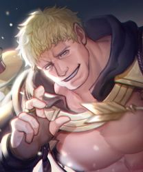 Rule 34 | 1boy, arrow (projectile), bad id, bad twitter id, bara, bare pectorals, blonde hair, fire emblem, fire emblem: three houses, highres, hood, hood down, large pectorals, male focus, mature male, messy hair, muscular, muscular male, nintendo, pectorals, raphael kirsten, sdz (inazuma), short hair, sideburns, smile, solo, upper body