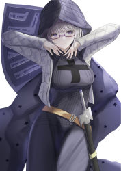 Rule 34 | 1girl, belt, breasts, brown belt, closed mouth, commentary request, dress, fate/grand order, fate (series), glasses, grey dress, grey hair, hands up, highres, hood, hood up, jacket, jacques de molay (foreigner) (fate), large breasts, looking at viewer, natsuki (natukituki), open clothes, open jacket, purple-framed eyewear, purple eyes, semi-rimless eyewear, sheath, sheathed, simple background, smile, solo, sword, under-rim eyewear, weapon, white background, white jacket