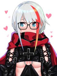 Rule 34 | 1girl, admiral graf spee (azur lane), azur lane, bespectacled, black-framed eyewear, black gloves, blue eyes, blush, breasts, cape, covered mouth, cross, embarrassed, eyes visible through hair, glasses, gloves, heart, highres, long sleeves, looking at viewer, looking away, medium breasts, multicolored hair, nezuko, nose blush, o-ring, red cape, scarf, scarf over mouth, sidelocks, silver hair, simple background, solo, streaked hair, underboob, upper body, white background