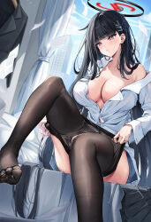 Rule 34 | 1girl, absurdres, black hair, black jacket, black pantyhose, black skirt, blue archive, blunt bangs, blush, breasts, bright pupils, clothes, clothes pull, collared shirt, commentary request, curtains, day, feet, foot out of frame, glint, hair ornament, hairclip, halo, head tilt, highres, indoors, jacket, knee up, lancheu, large breasts, long hair, long sleeves, no shoes, off shoulder, on bed, pantyhose, pantyhose pull, paper, parted lips, partially unbuttoned, pillow, pleated skirt, red eyes, rio (blue archive), shirt, sitting, skirt, solo, suit jacket, sunlight, teeth, toes, unworn skirt, very long hair, white pupils, white shirt, window