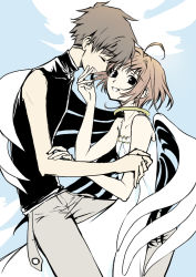 Rule 34 | 1boy, 1girl, ahoge, angel wings, bad id, bad pixiv id, brown hair, choker, couple, dress, closed eyes, hand on another&#039;s face, hetero, looking at another, nammy, sakura hime, short hair, smile, tsubasa chronicle, wings, xiaolang
