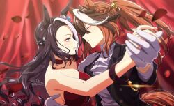 Rule 34 | 2girls, alternate hairstyle, animal ears, artist name, backless dress, backless outfit, bare shoulders, black hair, black jacket, blurry, braid, breasts, brown hair, choker, closed mouth, curtains, dancing, dated, depth of field, dress, eye contact, glint, gloves, hand on another&#039;s back, highres, holding hands, horse ears, horse girl, horse tail, jacket, long hair, long sleeves, looking at another, matuda (matudayazo), medium breasts, mejiro ramonu (umamusume), multicolored hair, multiple girls, open clothes, open jacket, outstretched arm, petals, ponytail, red dress, rose petals, shirt, sideways mouth, smile, strapless, strapless dress, streaked hair, symboli rudolf (umamusume), tail, umamusume, upper body, white gloves, white shirt, wristband