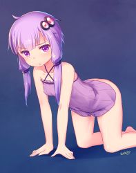 Rule 34 | 1girl, all fours, artist name, bare legs, bare shoulders, barefoot, blueberry (5959), bottomless, collarbone, dress, hair ornament, looking at viewer, low twintails, no panties, purple dress, purple eyes, purple hair, short hair with long locks, simple background, sleeveless, sleeveless dress, solo, strapless, strapless dress, thighhighs, tube dress, twintails, vocaloid, voiceroid, yuzuki yukari