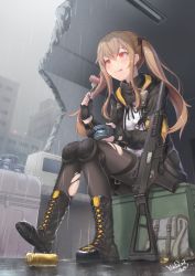 Rule 34 | 1girl, armband, bag, black bow, black footwear, black gloves, black jacket, black pantyhose, blush, boots, bow, building, can, canned food, closed mouth, cloud, cloudy sky, collared shirt, commentary request, cross-laced footwear, dress shirt, fingerless gloves, food, fork, girls&#039; frontline, gloves, gun, h&amp;k ump, h&amp;k ump, hair between eyes, hair bow, holding, holding fork, jacket, lace-up boots, light brown hair, long hair, long sleeves, looking away, name connection, object namesake, open clothes, open jacket, outdoors, overcast, pantyhose, puffy long sleeves, puffy sleeves, rain, red eyes, revision, ruins, shell casing, shirt, signature, sitting, sky, skyscraper, solo, thigh strap, tongue, tongue out, torn clothes, torn pantyhose, tuna, twintails, ump9 (girls&#039; frontline), very long hair, weapon, white shirt, yaosera