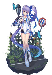 Rule 34 | 1girl, absurdly long hair, black shorts, blue hair, blue ribbon, boots, bug, butterfly, cellphone, earbuds, earphones, earrings, fate/grand order, fate (series), full body, gradient hair, hair ribbon, highres, holding, holding phone, hoodier, insect, jacket, jewelry, knee boots, long hair, long sleeves, meltryllis (fate), multicolored hair, phone, purple hair, ribbon, road sign, short shorts, shorts, side ponytail, sign, smartphone, solo, very long hair, white footwear, white jacket