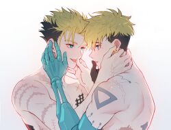 Rule 34 | 2boys, aqua eyes, black hair, blonde hair, blue eyes, blush, couple, dual persona, earrings, eye contact, finger to another&#039;s mouth, hand on another&#039;s ear, hands up, jewelry, licking, licking another&#039;s finger, looking at another, male focus, mole, mole under eye, multicolored hair, multiple boys, natural wind, nude, parted lips, piercing, prosthesis, prosthetic arm, scar, scar on arm, scar on back, scar on hand, scar on shoulders, selfcest, short hair, simple background, smile, spiked hair, toned, toned male, tongue, tongue out, too many, too many scars, trigun, trigun stampede, two-tone hair, undercut, upper body, vash the stampede, white background, yaoi