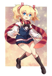 Rule 34 | black bow, black bowtie, black footwear, black socks, blonde hair, blue eyes, bow, bowtie, clenched hand, glowworm (warship girls r), hairband, highres, kneehighs, knees together feet apart, leg up, light particles, looking at viewer, open hand, open mouth, outstretched arm, red scarf, scarf, shirt, shoes, short hair, skirt, smile, socks, striped clothes, striped scarf, sweater vest, thighs, touming renjian, twintails, warship girls r, white shirt, white skirt