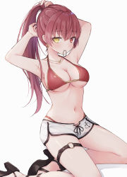 Rule 34 | 1girl, absurdres, ankle strap, armpits, arms up, bikini, bikini under clothes, breasts, dolphin shorts, earrings, gladiator sandals, hair tie in mouth, halterneck, heart, heart earrings, heart necklace, heterochromia, highres, hololive, houshou marine, houshou marine (summer), jewelry, kneeling, large breasts, long hair, looking at viewer, mouth hold, navel, necklace, o-ring, o-ring legwear, o-ring thigh strap, ponytail, red bikini, red eyes, red hair, sandals, shano hiyori, short shorts, shorts, simple background, solo, stomach, string bikini, swimsuit, thigh strap, tying hair, virtual youtuber, white background, white shorts, yellow eyes