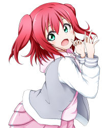 Rule 34 | 1girl, blush, drawstring, green eyes, grey jacket, hair between eyes, hands up, highres, hood, hood down, hoodie, jacket, kuena, kurosawa ruby, long sleeves, looking at viewer, love live!, love live! school idol festival, love live! sunshine!!, open clothes, open jacket, open mouth, pink hoodie, pink skirt, pleated skirt, red hair, simple background, skirt, solo, two side up, white background