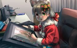 Rule 34 | 1girl, alternate costume, animal ears, antlers, bow, bowtie, brown hair, christmas, commentary request, deer ears, deer girl, drawing, extra ears, fur trim, green bow, green eyes, grey hair, hair bow, heterochromia, highres, horns, kemono friends, long sleeves, looking at viewer, multicolored hair, red eyes, red shirt, reindeer (kemono friends), reindeer antlers, santa costume, shirt, sitting, solo, stylus, tablet pc, twintails, welt (kinsei koutenkyoku), white bow, white bowtie, white fur