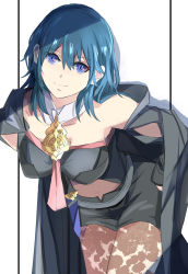 Rule 34 | 1girl, black shorts, blue eyes, blue hair, breasts, byleth (female) (fire emblem), byleth (fire emblem), cape, cleavage, dagger, fire emblem, fire emblem: three houses, grin, hair between eyes, hand on own hip, hanging breasts, highres, knife, leaning forward, legs, looking at viewer, medium breasts, navel, nintendo, pantyhose, short hair, shorts, smile, solo, super smash bros., thighs, tomas (kaosu22), weapon