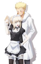 Rule 34 | 1boy, 1girl, 2019, apron, artoria pendragon (all), artoria pendragon (fate), black ribbon, black shirt, black skirt, black thighhighs, blonde hair, blouse, braid, braided bun, coat, collarbone, couple, dated, detached collar, dress, earrings, fate/stay night, fate (series), frilled apron, frilled dress, frilled skirt, frilled thighhighs, frills, fur-trimmed coat, fur trim, gilgamesh (fate), grey pants, hair bun, hand in pocket, hand on own hip, highres, holding hands, jewelry, layered skirt, maid, maid headdress, miniskirt, neck ribbon, official alternate costume, open clothes, open coat, open mouth, pale skin, pants, pikoguramyu, pleated skirt, puffy sleeves, ribbon, saber alter, shadow, shirt, short hair, short sleeves, sidelocks, silver hair, simple background, skirt, thighhighs, waist apron, white apron, white background, white coat, wrist cuffs, yellow eyes, zettai ryouiki