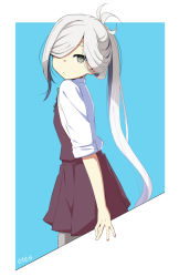 Rule 34 | 1girl, ahoge, asashimo (kancolle), blue background, cowboy shot, dress, grey eyes, hair over one eye, halterneck, kantai collection, long hair, looking at viewer, moti coi, pleated dress, ponytail, purple dress, school uniform, shirt, silver hair, solo, two-tone background, white background, white shirt