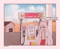Rule 34 | 1girl, 1koma, bags under eyes, blue sky, bow, bright pupils, buttons, cigarette, cloud, collared shirt, comic, commentary, english commentary, english text, eosd2002, fujiwara no mokou, gas station, hair bow, highres, long hair, orphanage, pants, pink hair, red eyes, red pants, shell (company), shirt, short sleeves, sidelocks, sky, smoking, solo, suspenders, tareme, touhou, upper body, very long hair, white pupils, white shirt