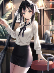 Rule 34 | 1girl, :o, absurdres, alcohol, arknights, bar (place), black eyes, black hair, black ribbon, black skirt, bottle, ceiling light, cocktail shaker, collared shirt, cowboy shot, cup, hair ornament, hairclip, hand up, highres, holding, holding cup, indoors, jigger, la pluma (arknights), long sleeves, looking at viewer, neck ribbon, ohagi umeume, picture frame, plant, potted plant, ribbon, shirt, shirt tucked in, skirt, solo, stool, thighs, tight clothes, weapon, white shirt
